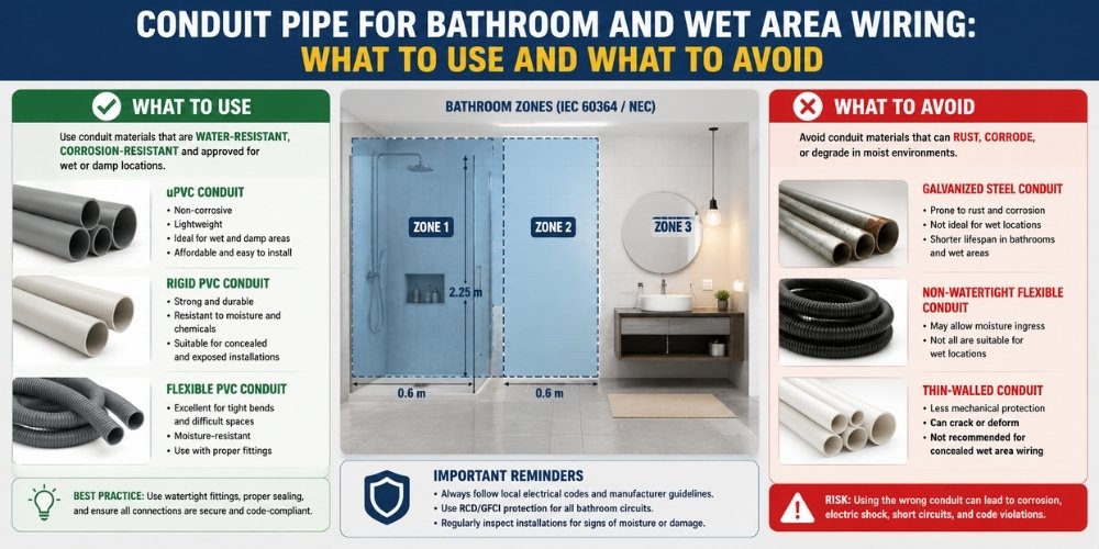 Conduit Pipe for Bathroom and Wet Area Wiring: What to Use and What to Avoid