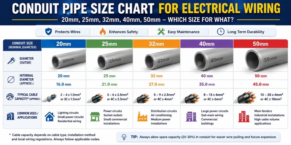  Conduit Pipe Size Chart for Electrical Wiring: 20mm, 25mm, 32mm, 40mm, 50mm – Which Size for What?