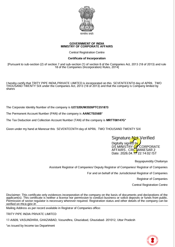 Trity Pipes Certification 4