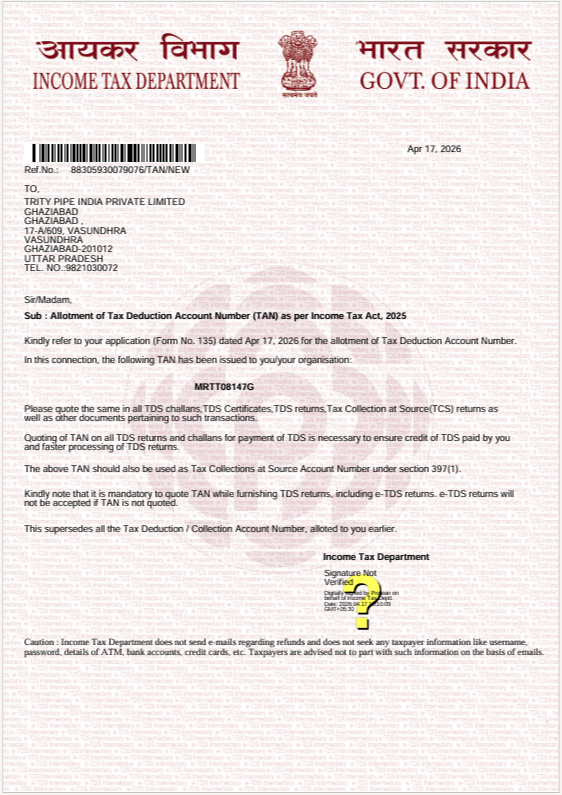 Trity Pipes Certification 1